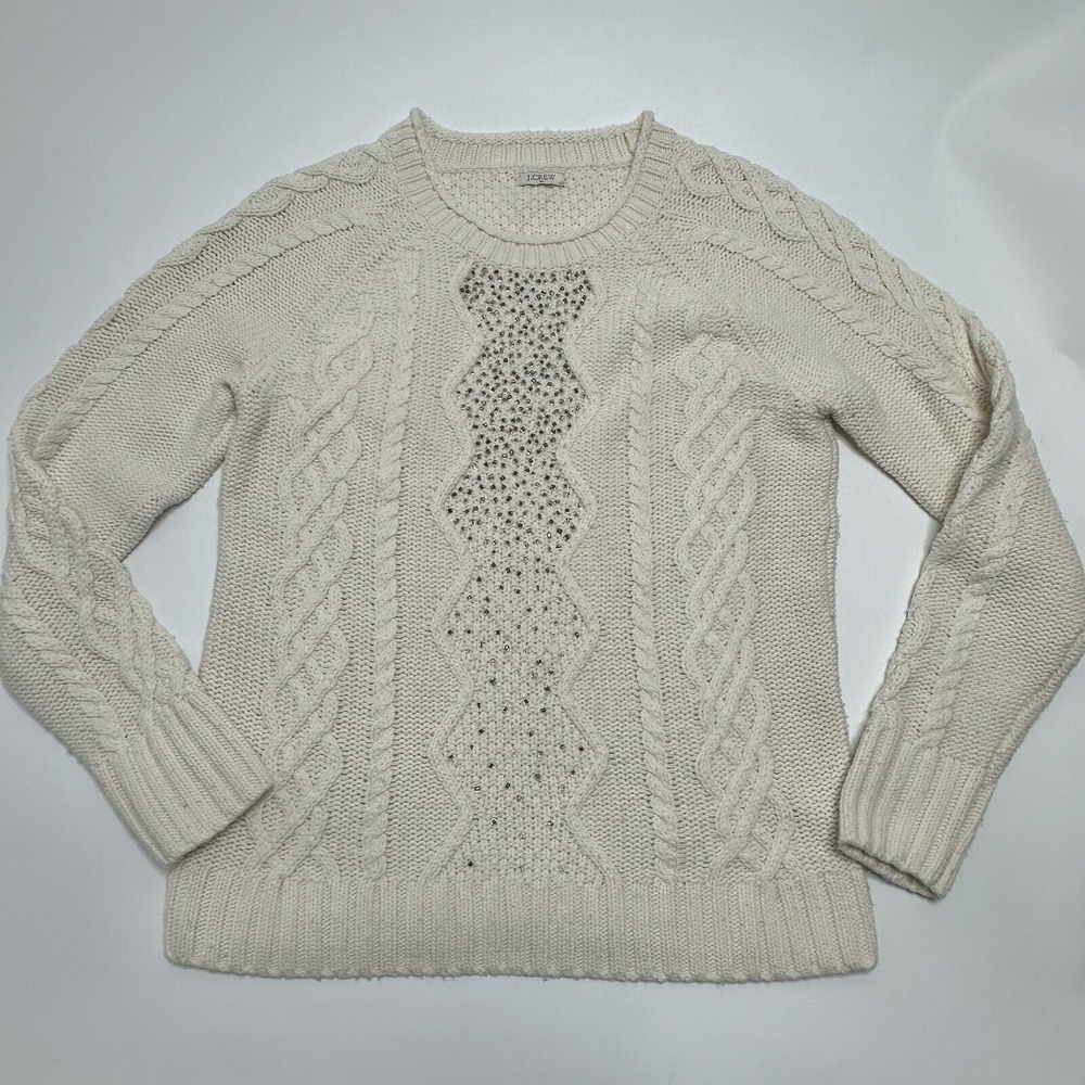 J Crew Factory Embellished Beads Cable-Knit Sweater Ivory White - Womens Size M